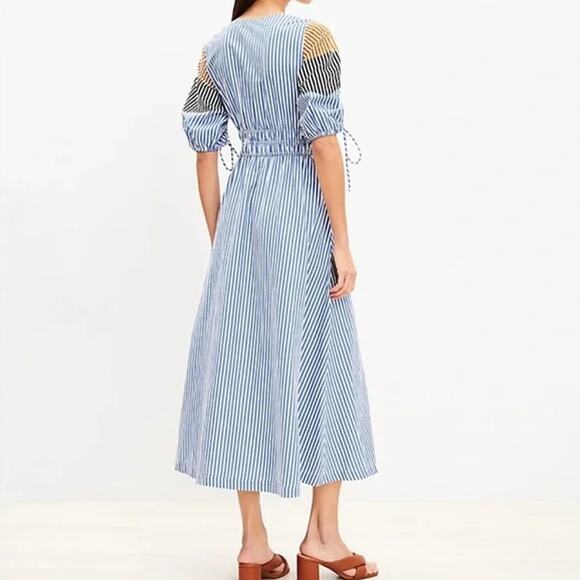 Loft MP Striped Tied Puff Sleeve Midi Dress Beach Nautical Spring Casual Party - Picture 5 of 13